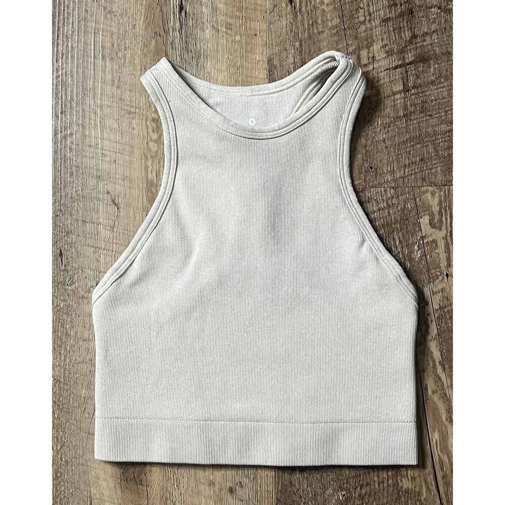 Nux High Neck Ribbed Racerback Athletic Sports Bra / Crop Top in Cream Sz Small